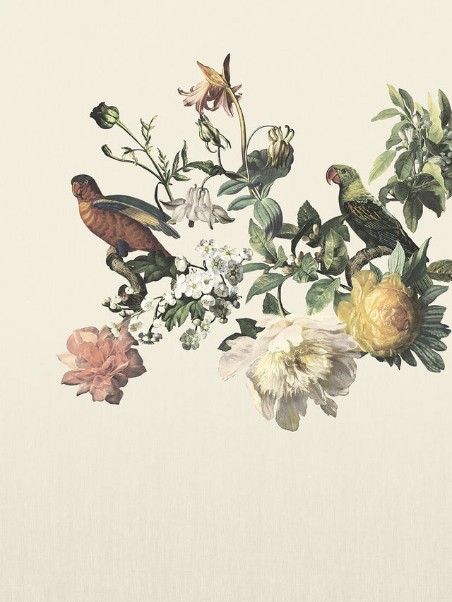 Big Birds Cream Wall Mural with Vintage Botanical Flowers and Birds - Eijffinger EJ307401