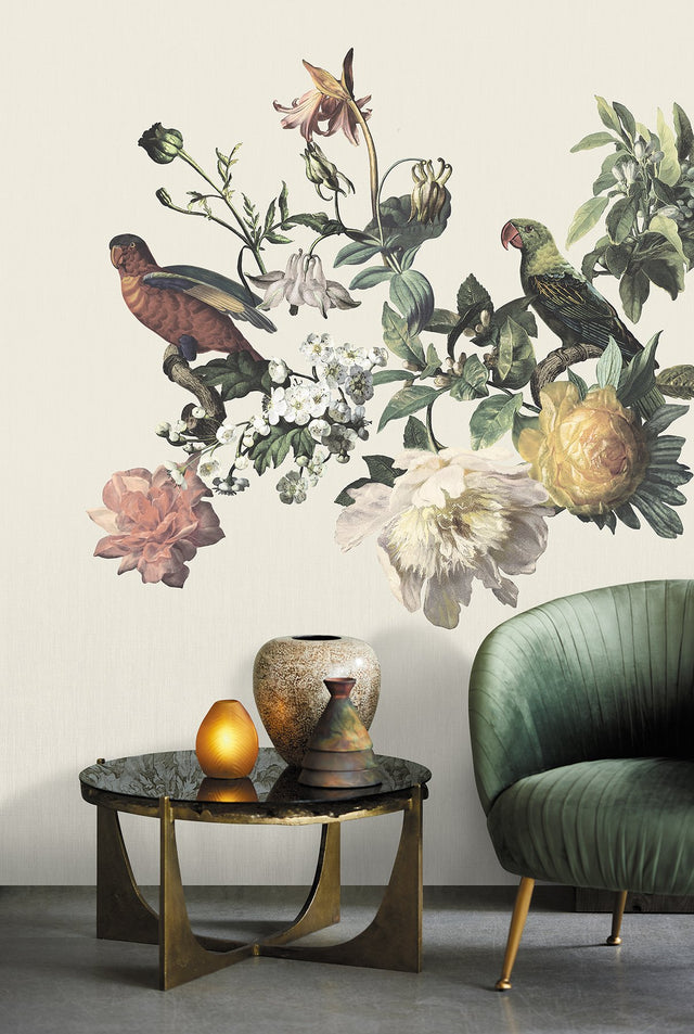 Big Birds Cream Wall Mural with Vintage Botanical Flowers and Birds - Eijffinger EJ307401