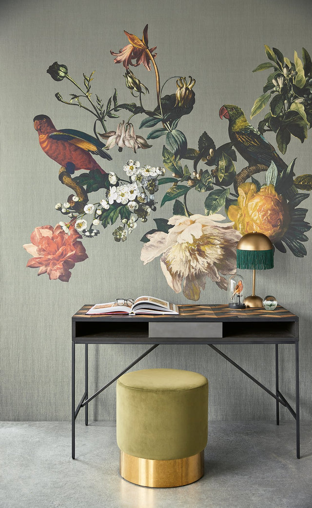 Big Birds Grey Botanical Vintage Wall Mural - Eijffinger EJ307402