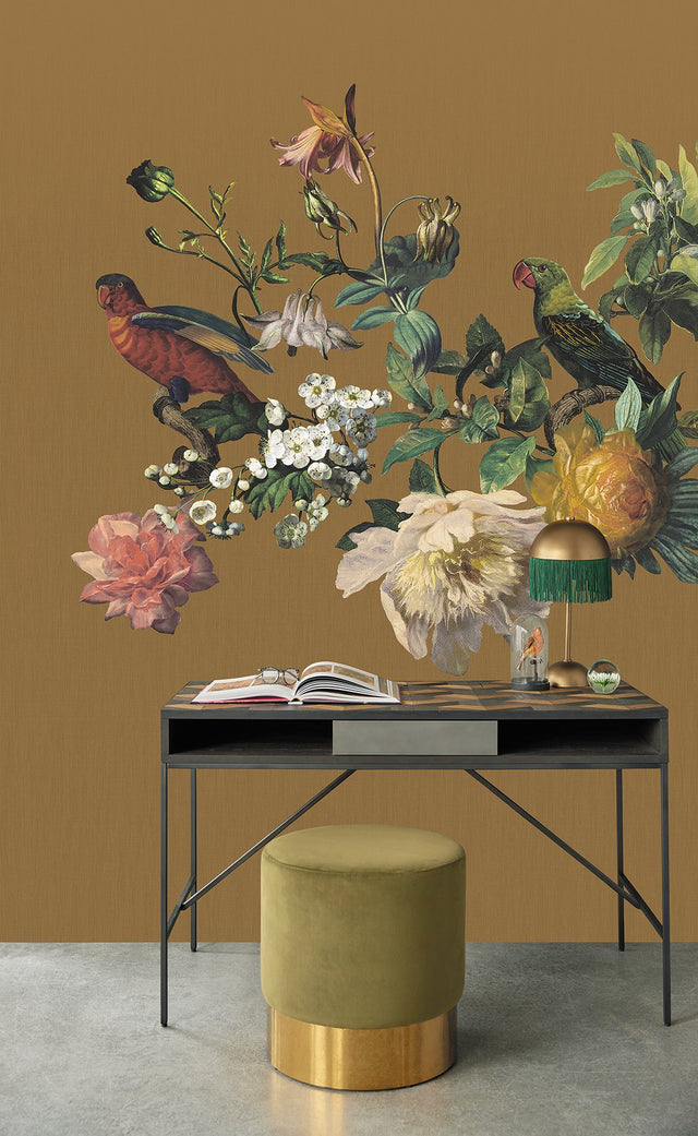 Big Birds Ochre Wall Mural with Vintage Botanical Floral Design - Eijffinger EJ307403