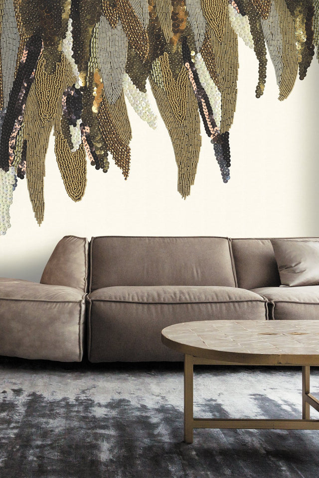 Right Fancy Feather Cream Wall Mural with Glam Abstract Novelty Pattern - Eijffinger EJ307407