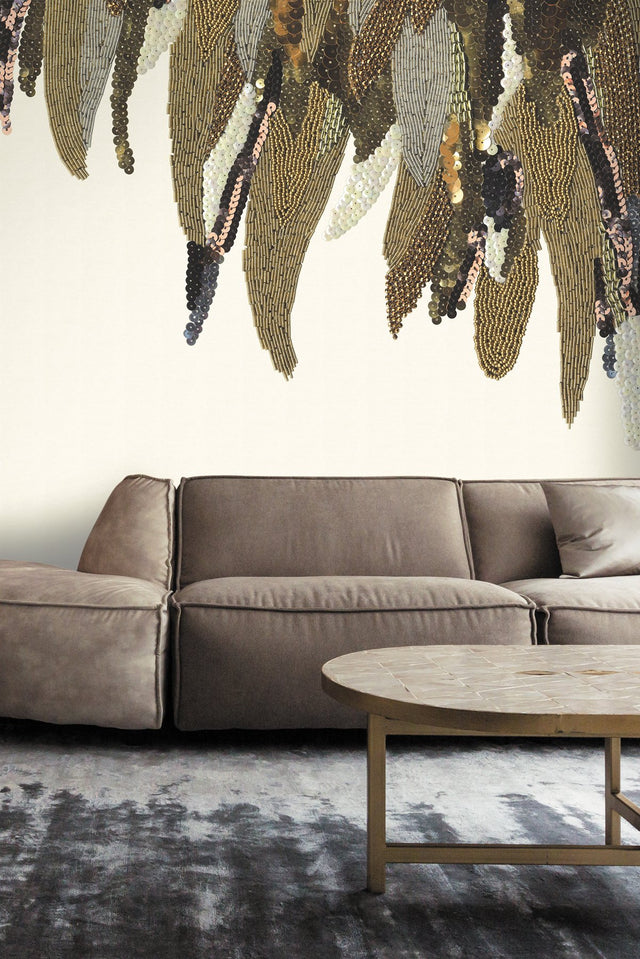 Left Fancy Feather Cream Wall Mural with Glam Abstract Novelty Pattern - Eijffinger EJ307409