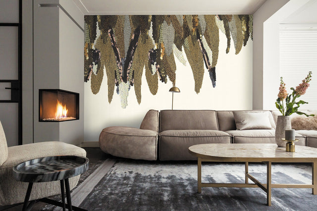 Fancy Feather Cream Wall Mural with Glam Abstract Novelty Pattern - Eijffinger EJ307410