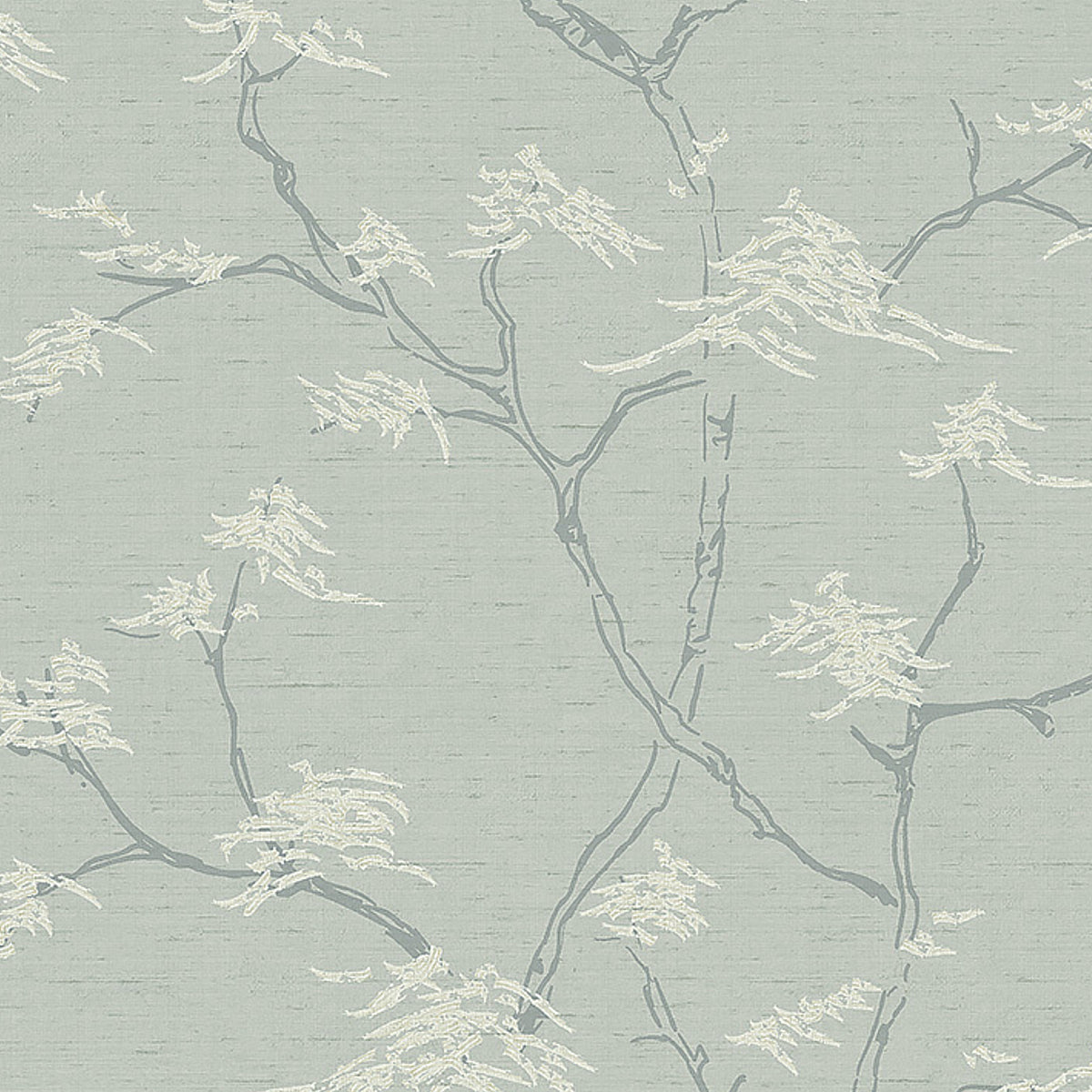 Temple Tree wallpaper in mineral color by Boråstapeter for Schumacher, featuring a Japanese bonsai tree motif in a modern Scandinavian interior.