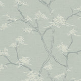 Temple Tree wallpaper in mineral color by Boråstapeter for Schumacher, featuring a Japanese bonsai tree motif in a modern Scandinavian interior.