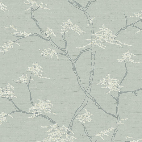 Temple Tree wallpaper in mineral color by Boråstapeter for Schumacher, featuring a Japanese bonsai tree motif in a modern Scandinavian interior.
