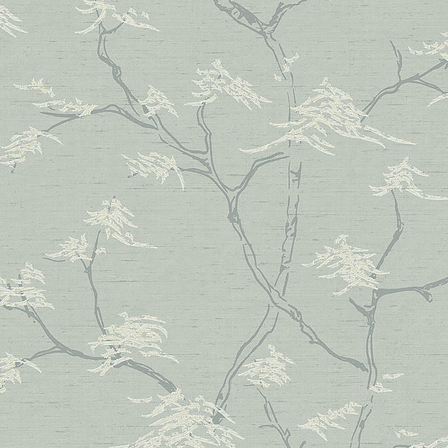 Temple Tree wallpaper in mineral color by Boråstapeter for Schumacher, featuring a Japanese bonsai tree motif in a modern Scandinavian interior.