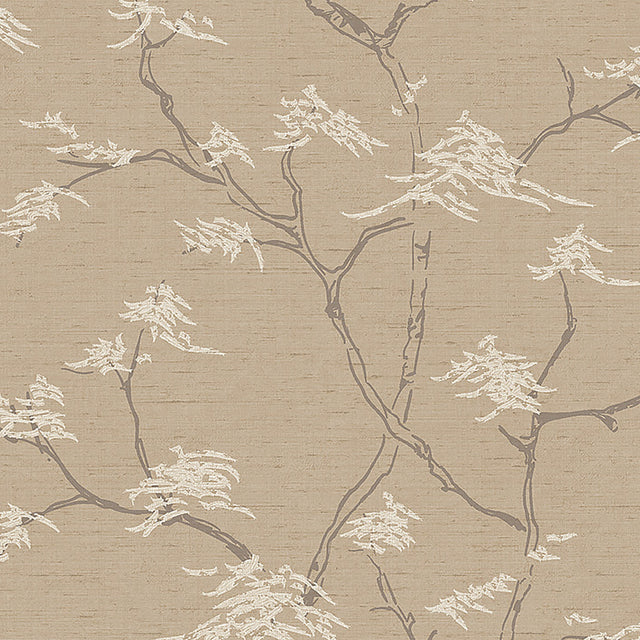Temple Tree wallpaper in stone color by Boråstapeter for Schumacher, featuring a Japanese bonsai tree motif in a modern Scandinavian style.