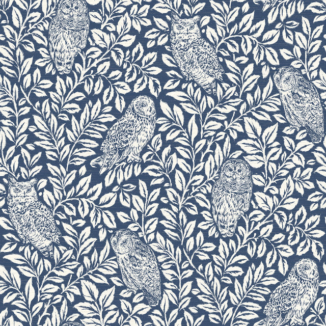 Parliament Navy Owl Wallpaper with Folky Owl and Leaf Motif - Chesapeake 3115-12412
