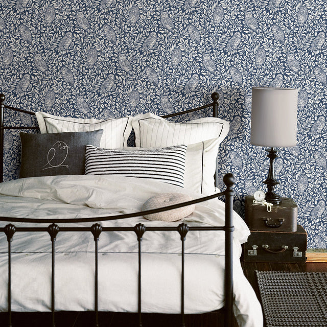 Parliament Navy Owl Wallpaper with Folky Owl and Leaf Motif - Chesapeake 3115-12412