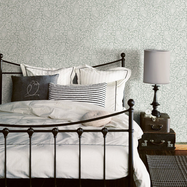 Parliament Teal Owl Wallpaper with Farmhouse Owl and Leaf Motif - Chesapeake 3115-12414