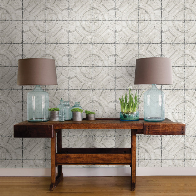 Susanna Off White Vintage Tin Tile Wallpaper with Farmhouse Tiles Motif - Chesapeake 3115-12431