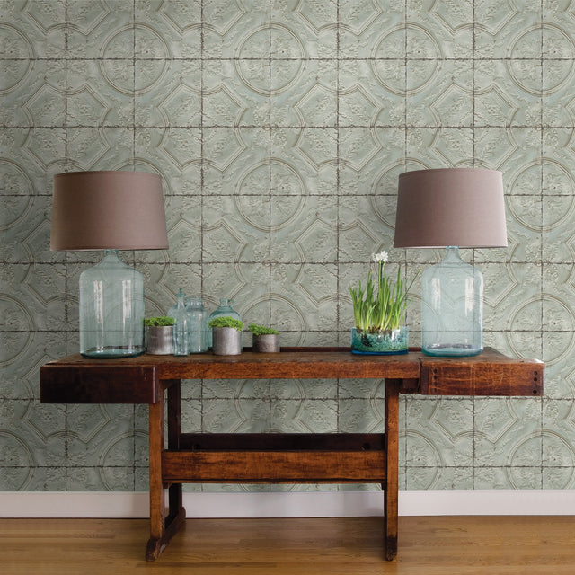 Susanna Teal Vintage Tin Tile Wallpaper with Distressed Tile Motif - Chesapeake 3115-12432