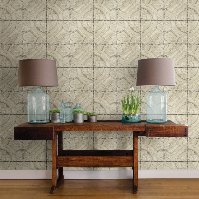 Susanna Beige Vintage Tin Tile Wallpaper with Farmhouse Shabby Chic Pattern - Chesapeake 3115-12434