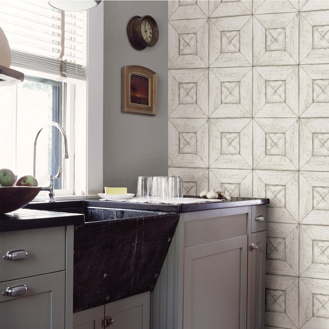 Avery Off White Wood Wallpaper with Distressed Geometric Wood Panel Motif - Chesapeake 3115-12451