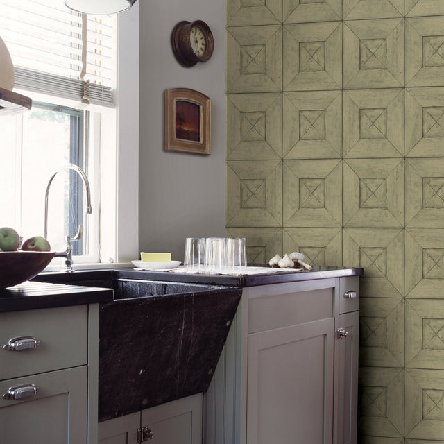 Avery Green Wood Wallpaper with Geometric Wood Panel Motif - Chesapeake 3115-12452