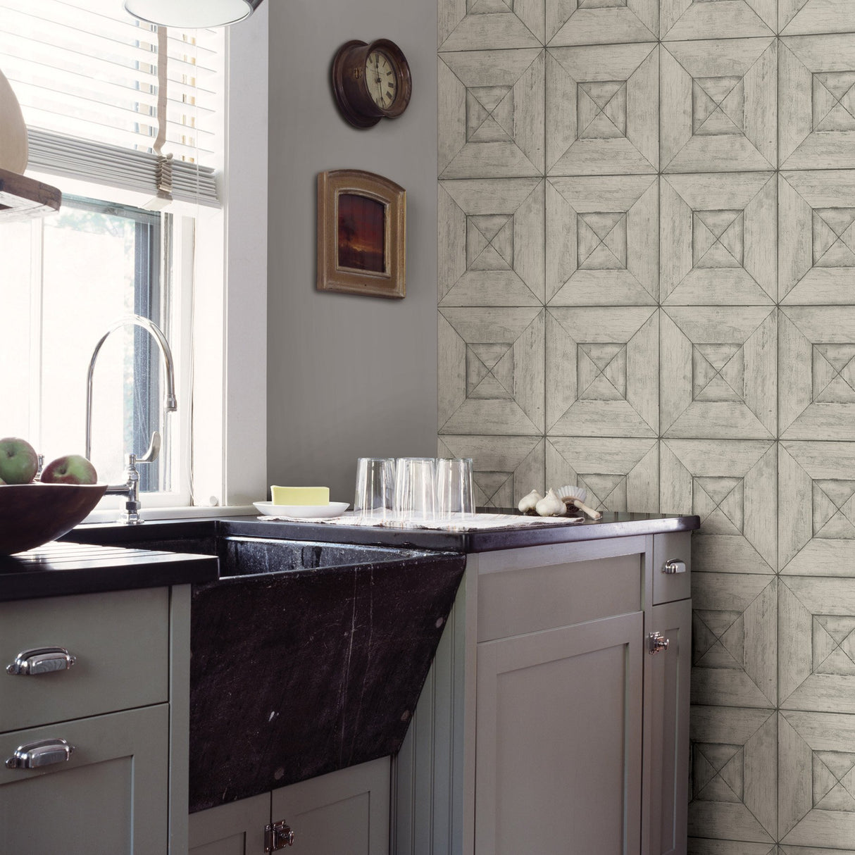 Avery Light Grey Wood Wallpaper with Farmhouse Geometric Wood Panel Motif - Chesapeake 3115-12453