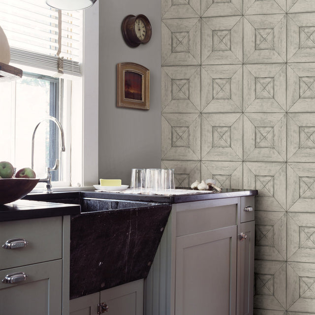 Avery Light Grey Wood Wallpaper with Farmhouse Geometric Wood Panel Motif - Chesapeake 3115-12453
