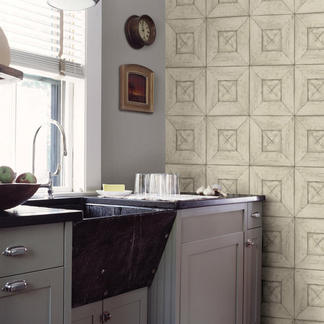 Avery Cream Wood Wallpaper with Geometric Wood Panel Motif - Chesapeake 3115-12454