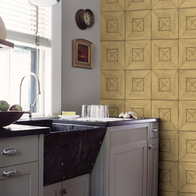 Avery Wheat Wood Wallpaper with Farmhouse Wood Panel Motif - Brewster 3115-12456