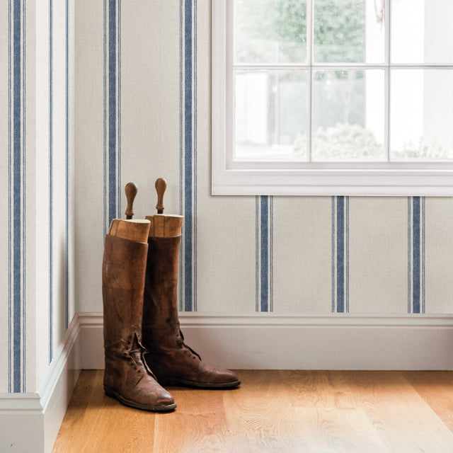 Linette Blue Fabric Stripe Wallpaper with Fabric Texture Motif - Chesapeake 3115-12462