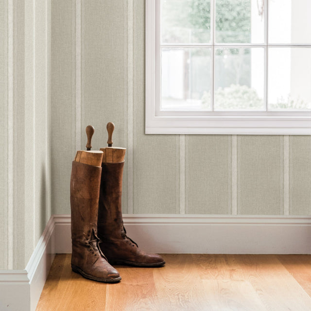 Linette Light Grey Fabric Stripe Wallpaper with Fabric Textures Pattern, Farmhouse Style - Chesapeake 3115-12463