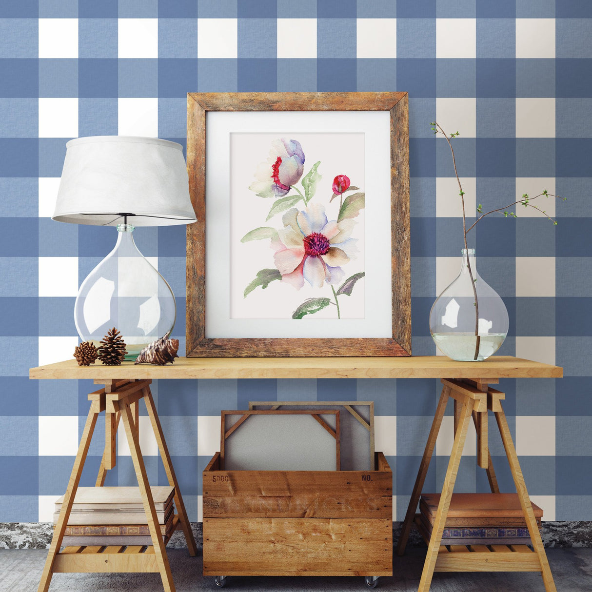 Amos Blue Gingham Wallpaper with Fabric Texture Pattern, Farmhouse Style - Chesapeake 3115-12533
