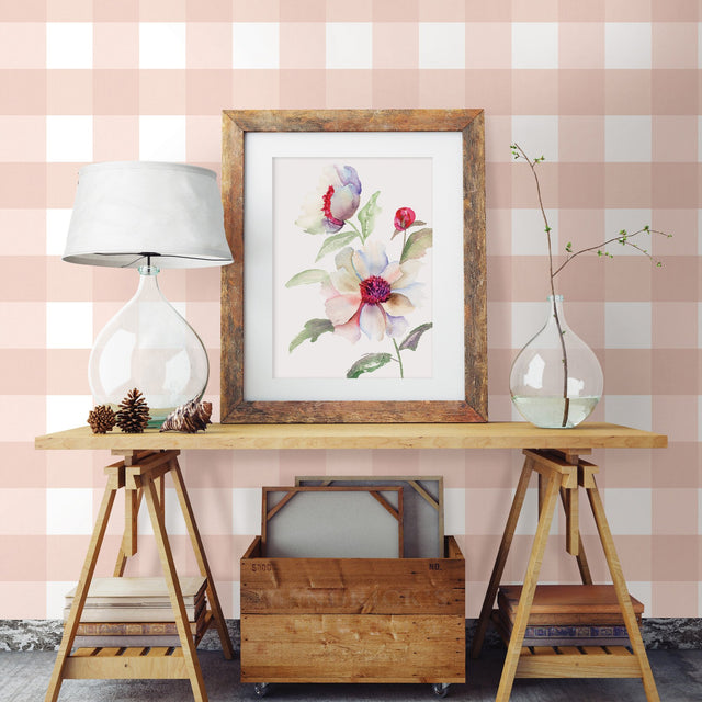 Amos Light Pink Gingham Wallpaper with Fabric Texture Pattern, Farmhouse Style - Chesapeake 3115-12534