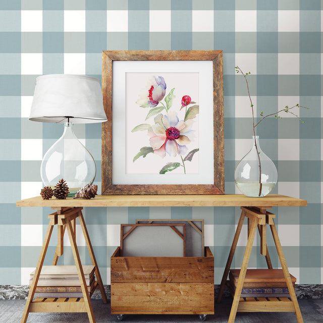 Amos Teal Gingham Wallpaper with Fabric Texture Pattern, Farmhouse Style - Brewster 3115-12535