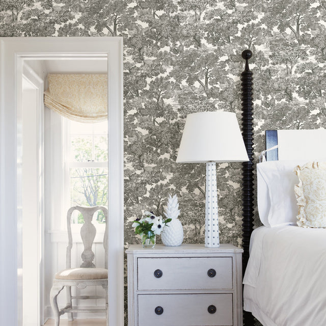 Spinney Black Toile Wallpaper with Hand-Drawn Vintage Woodland Pattern - Chesapeake 3115-12542