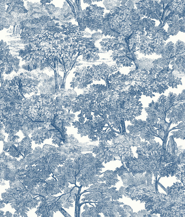 Spinney Blue Toile Wallpaper with Hand-Drawn Woodland Pattern, Farmhouse Style - Chesapeake 3115-12543