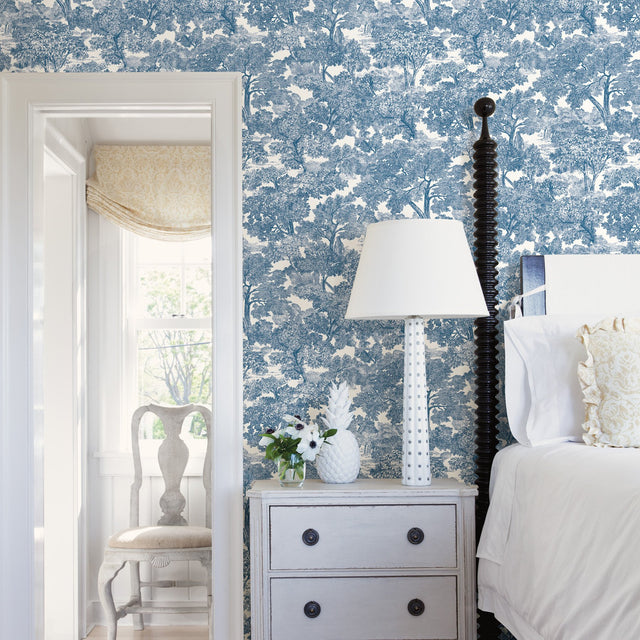 Spinney Blue Toile Wallpaper with Hand-Drawn Woodland Pattern, Farmhouse Style - Chesapeake 3115-12543