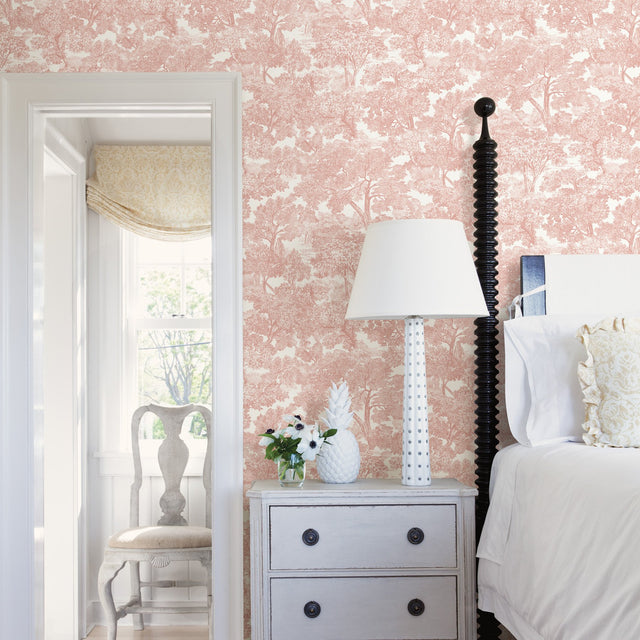 Spinney Rose Rose Toile Wallpaper with Farmhouse Toile Pattern - Chesapeake 3115-12544