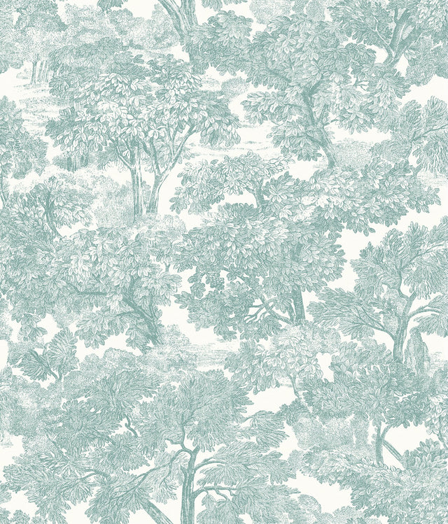 Spinney Teal Toile Wallpaper with Hand-Drawn Tree Motif - Chesapeake 3115-12545