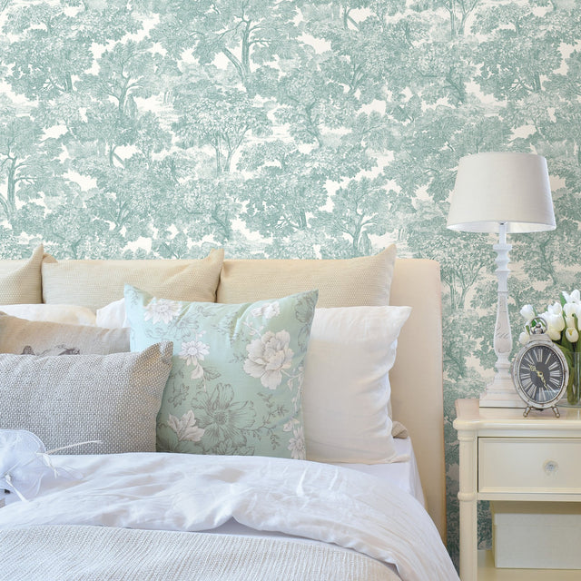 Spinney Teal Toile Wallpaper with Hand-Drawn Tree Motif - Chesapeake 3115-12545