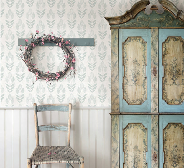 Garland Teal Block Tulip Wallpaper with Scandinavian Floral Motif - Chesapeake 3115-24472