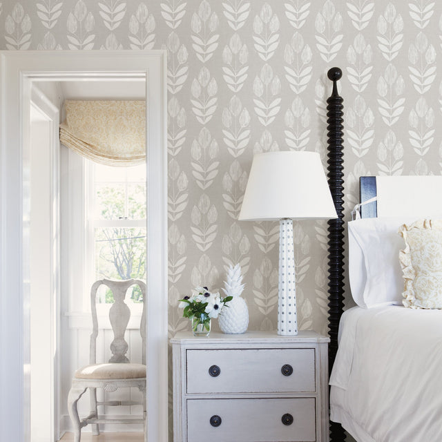 Garland Dove Block Tulip Wallpaper with Folky Floral Motif, Farmhouse Style - Chesapeake 3115-24473