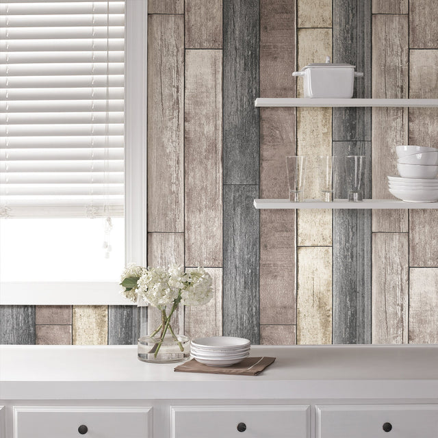 Emory Multicolor Reclaimed Wood Plank Peel & Stick Wallpaper with Rustic Wood Paneling Motif - Chesapeake 3115-NU1690