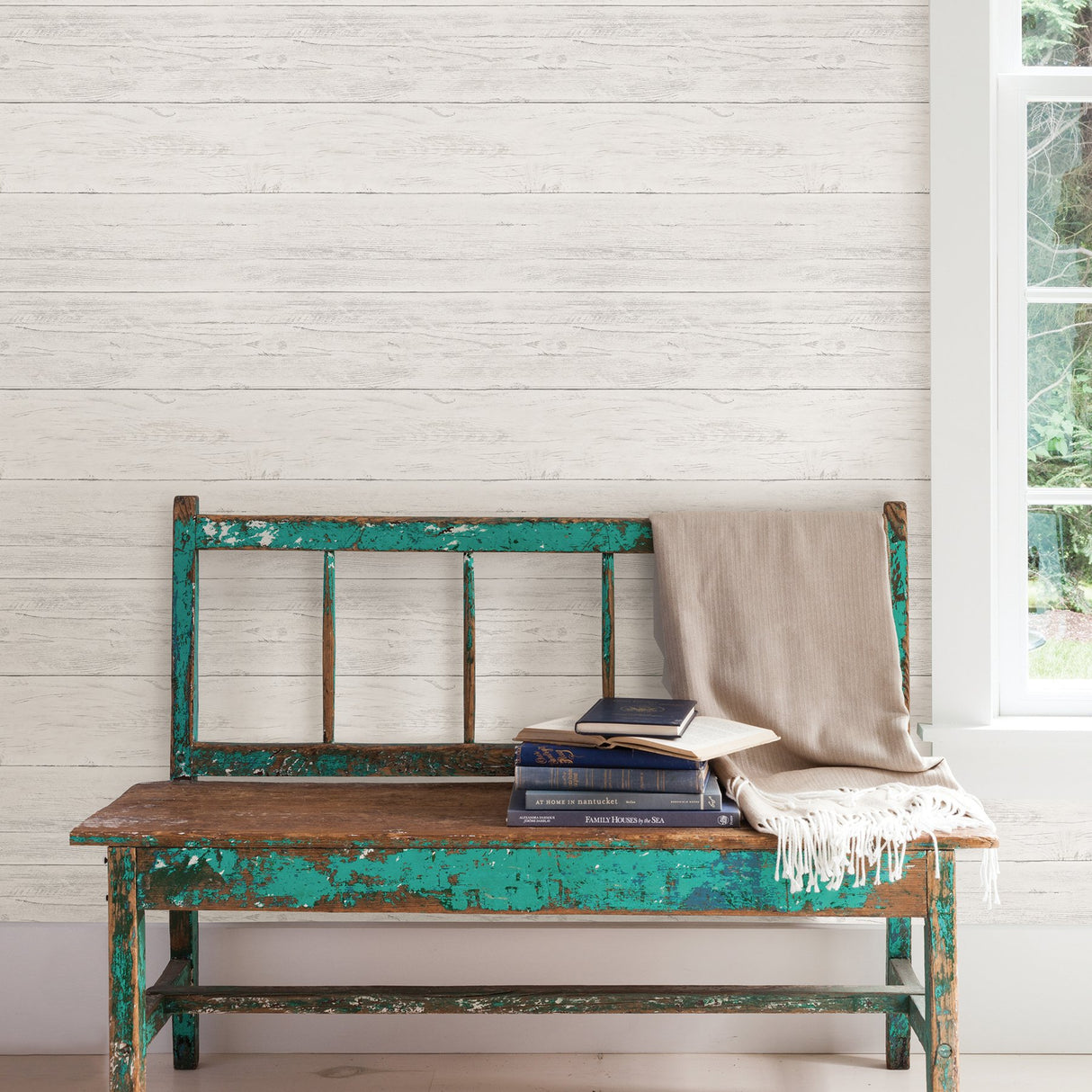 Jared Off White Shiplap Peel & Stick Wallpaper with Farmhouse Wood Panel Look - Chesapeake 3115-NU2187
