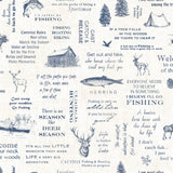 North Hills Camping Quotes Navy Wallpaper with Rustic Outdoor Typography & Cabin Motif - Chesapeake 3118-01474