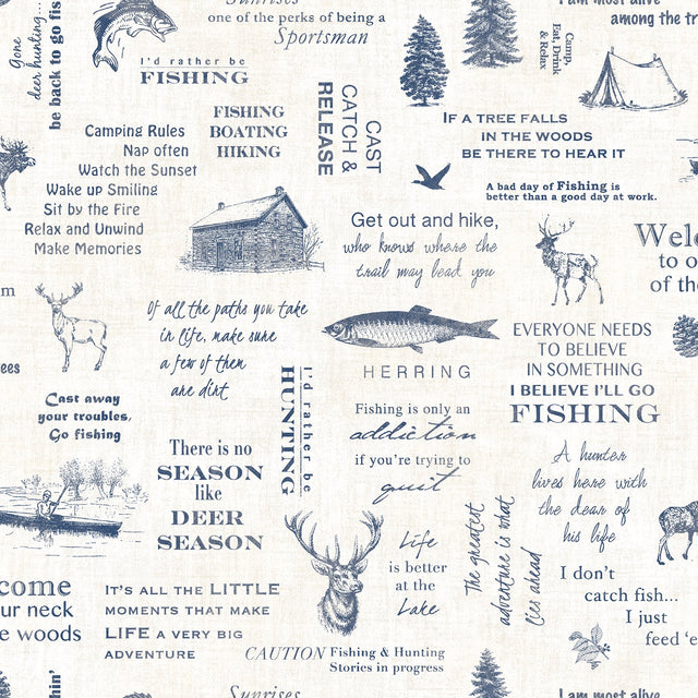 North Hills Camping Quotes Navy Wallpaper with Rustic Outdoor Typography & Cabin Motif - Chesapeake 3118-01474