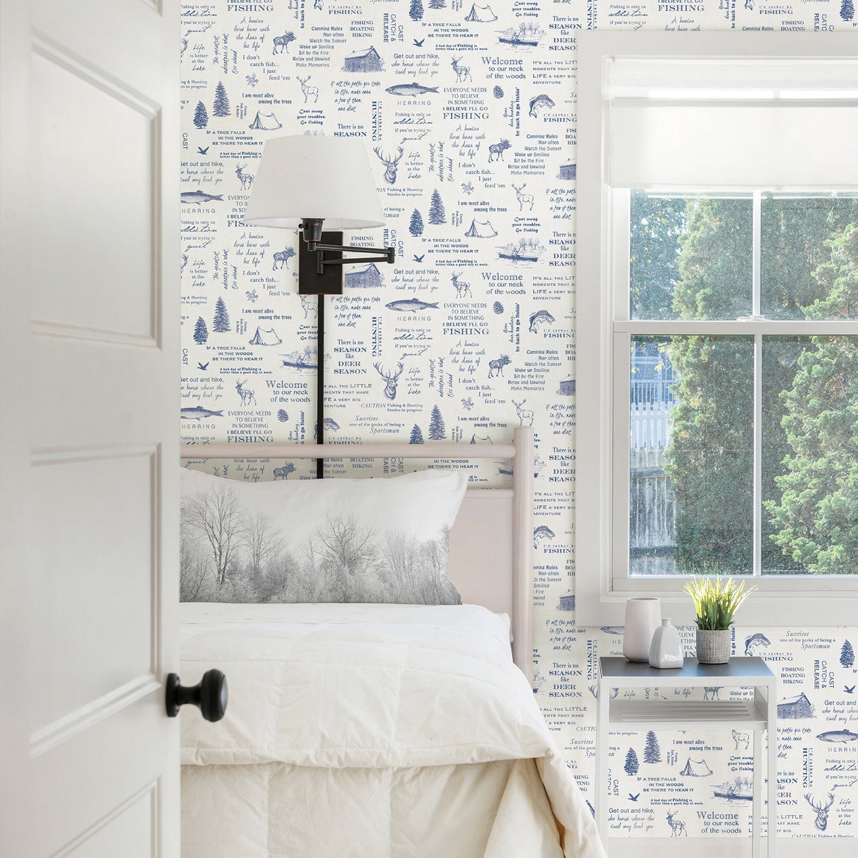 North Hills Camping Quotes Navy Wallpaper with Rustic Outdoor Typography & Cabin Motif - Chesapeake 3118-01474