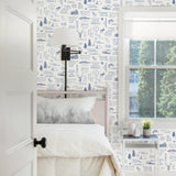 North Hills Camping Quotes Navy Wallpaper with Rustic Outdoor Typography & Cabin Motif - Chesapeake 3118-01474