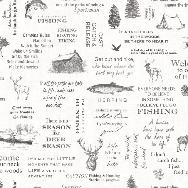 North Hills Black Camping Quotes Wallpaper with Rustic Lodge Novelty Pattern - Chesapeake 3118-01475