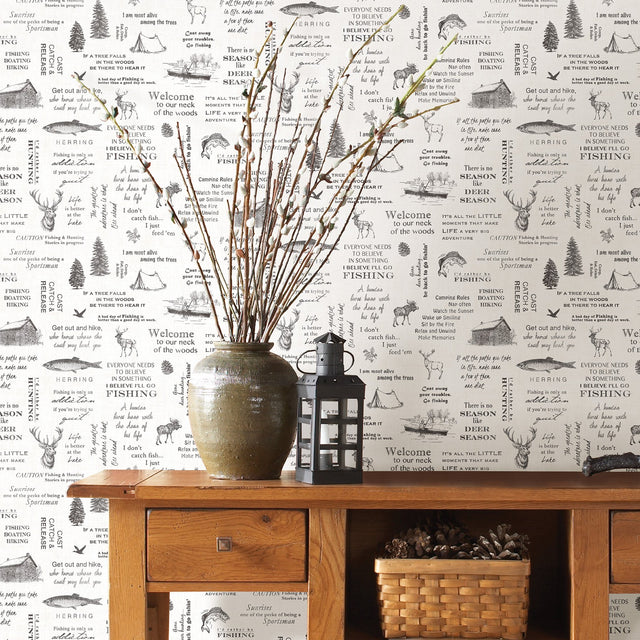 North Hills Black Camping Quotes Wallpaper with Rustic Lodge Novelty Pattern - Chesapeake 3118-01475
