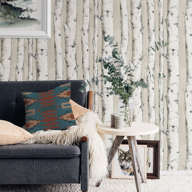 Pioneer Off White Birch Tree Wallpaper with Hand-Painted Tree Motif - Chesapeake 3118-12601