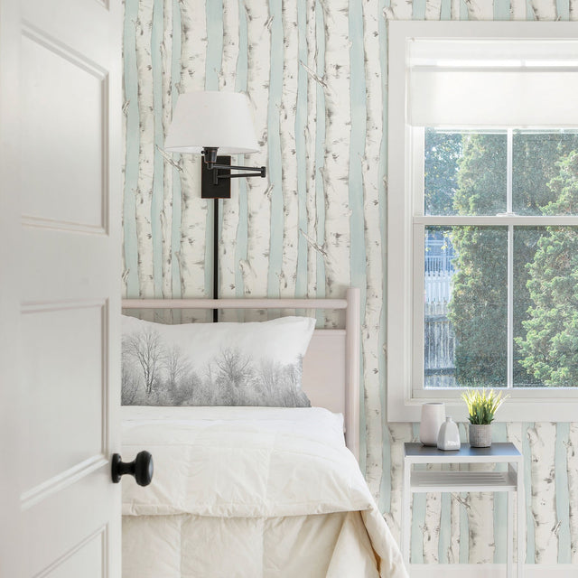 Pioneer Light Blue Birch Tree Wallpaper with Hand-Painted Forest Motif - Chesapeake 3118-12602