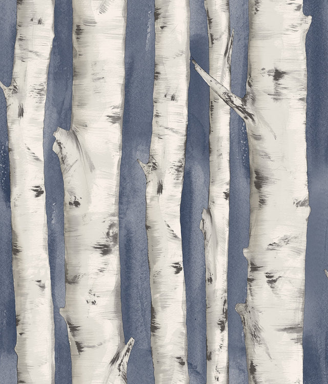 Pioneer Denim Birch Tree Wallpaper with Hand-Painted Tree Motif - Chesapeake 3118-12604
