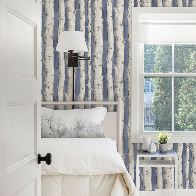Pioneer Denim Birch Tree Wallpaper with Hand-Painted Tree Motif - Chesapeake 3118-12604