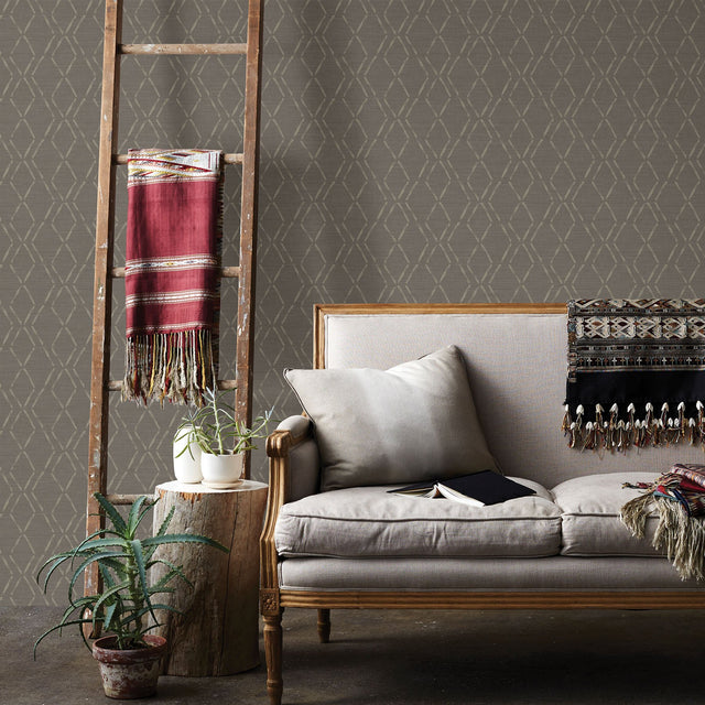 Tapa Brown Trellis Wallpaper with Hand-Painted Geometric Pattern, Easy Walls Prepasted - Chesapeake 3118-12654